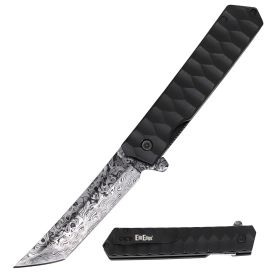 440C Damascus Etched Steel Tanto Blade Spring Assist Pocket EDC Knife
