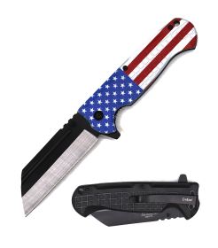 4.6" Closed USA Flag Cleaver Razor Blade Spring Assist Knife