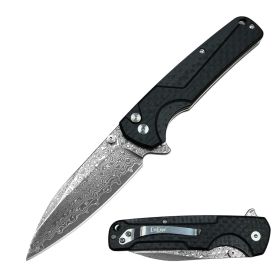Premium Damascus Tanto Blade Ball Bearing Pocket Knife Carbon Fiber Handle