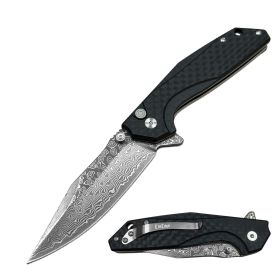 Premium Damascus Drop Point Blade Ball Bearing Pocket Knife Carbon Fiber Handle