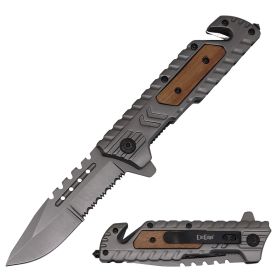 8.5" Ball Bearing Flipper Gun Metal Wood Handle Tactical Rescue Folding Pocket Knife