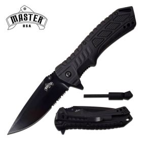 Survival Folding Knife 3.5" Serrated Blade Black Fire Starter Spring Assisted