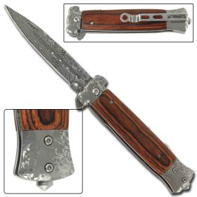 Stiletto Style Spring Assisted Knife - Damascus Glass Breaker
