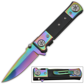 Spring Assisted Pocket Knife Rainbow With Black G10 Handle
