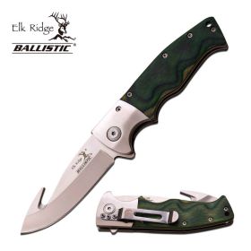 Green Wooden Handle Spring Assisted Guthhook Knife