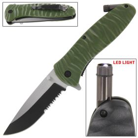 Emergency Code Green Serrated Spring Assist Knife Built In Led Light