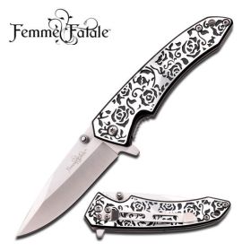 Black Rose Texture Handle Spring Assisted Opening Knife