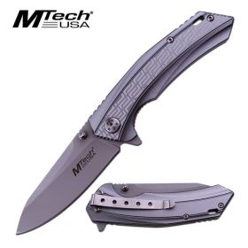 Mtech 3.3" Silver Drop Point Blade Grey Aluminum Handle Edc Knife