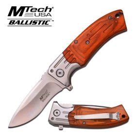 Mtech Brown Wood Silver Plain Blade Spring Assisted Knife Edc