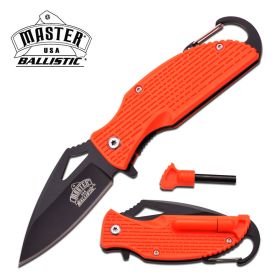 Ballistic Orange Handle Rescue Spring Assist Knife With Carabiner & Fire Starter