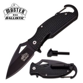 Ballistic Black Handle Rescue Spring Assist Knife With Carabiner & Fire Starter