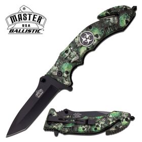 Ballistic 5 Inch Closed Rescue Spring Assisted Knife Green Skull