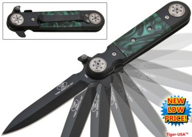 Green Marble Spear Tip Blade Stiletto Style Spring Assist Knife