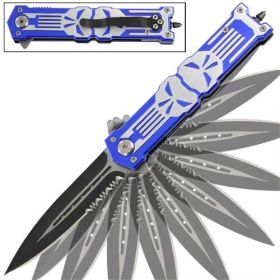 Punisher Blue Stiletto Style Spring Assist Knife - Glass Breaker