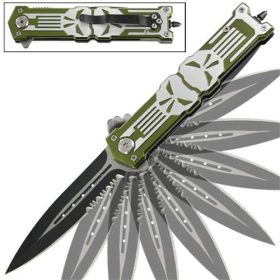 Punisher Green Stiletto Style Spring Assist Knife - Glass Breaker