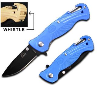 Blue Rescue Spring Assist Folding Knife With Whistle And Belt Hook