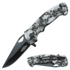 Grey Skull Tactical Spring Assisted Knife With Textured Grip Handle