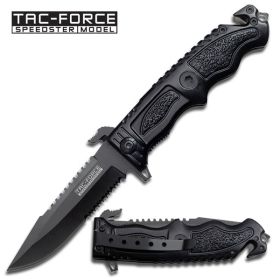 All Black Tactical Spring Assisted Knife Serrated Sawback Rescue Glassbreaker